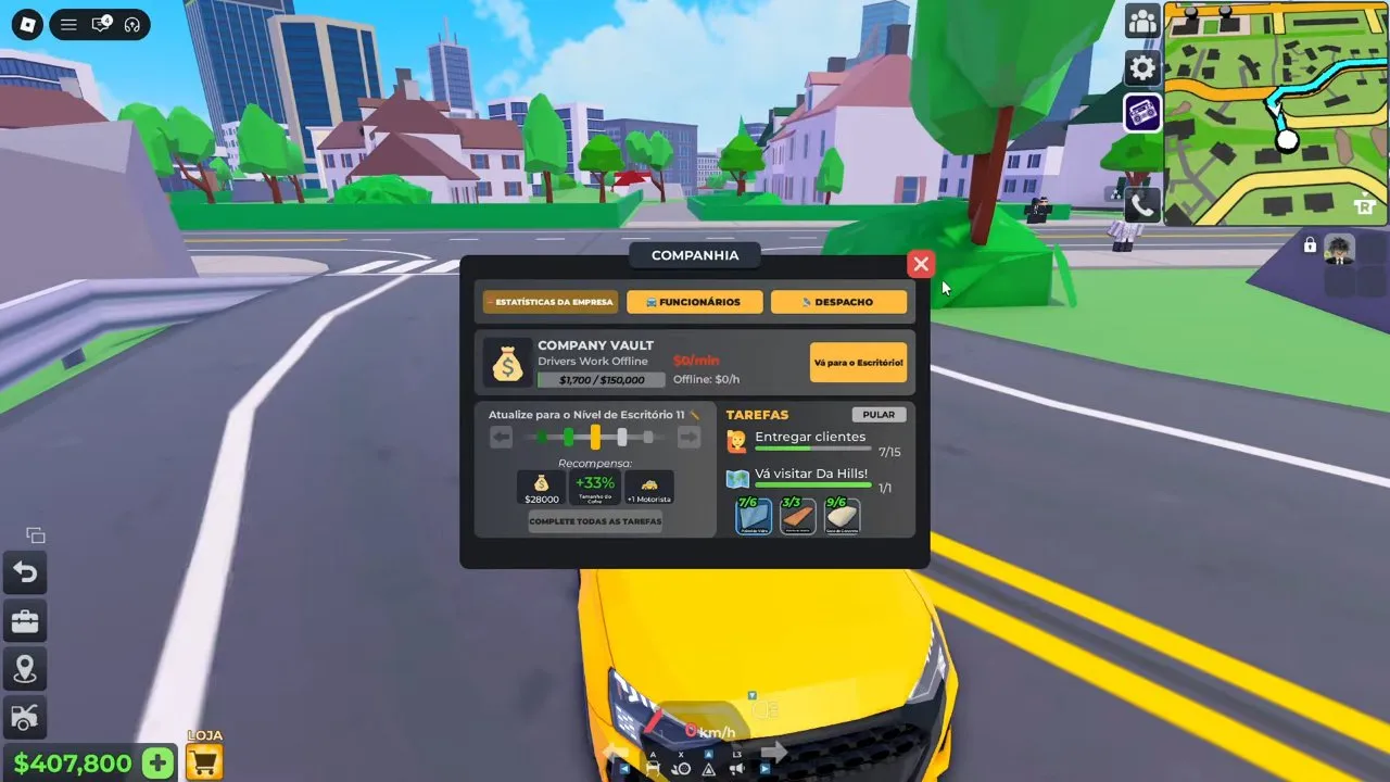 Taxi Boss Da Hills visit task in the company panel with a green progress bar and 1/1 counter