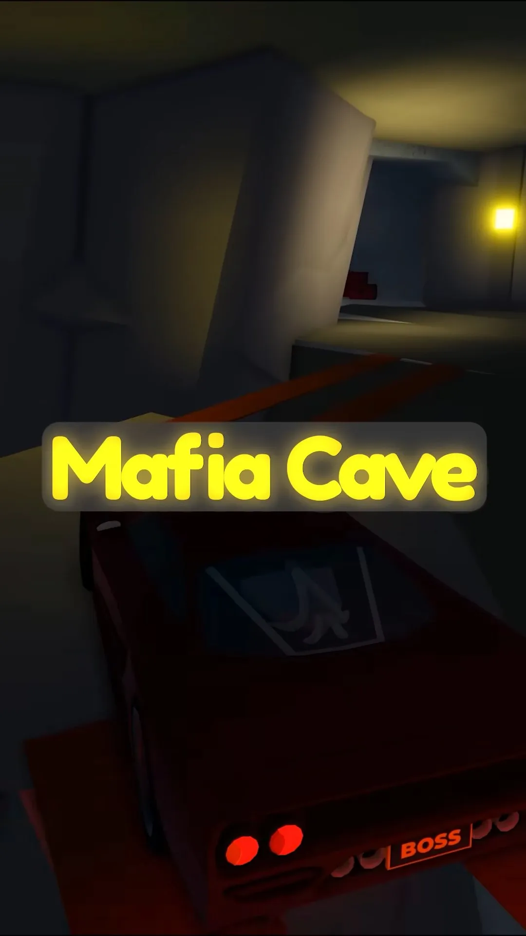 Taxi Boss Mafia Cave interior with a red taxi in a rocky tunnel lit by yellow wall lights
