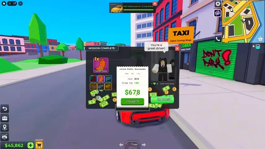 Taxi Boss making money with a Mission Complete panel showing $678 and a Collect button